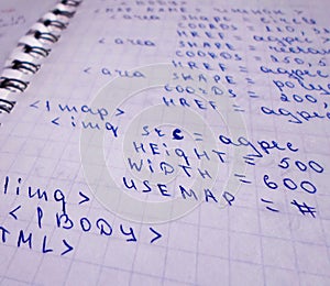 Java program in notepad and black pen. creation of computer programs. the work of the programmer and sisadmida