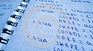 Java program in notepad and black pen. creation of computer programs. the work of the programmer and sisadmida