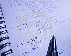 Translations of calculus systems on a notebook and black pen. creation of computer programs. work of the programmer and system