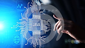 Java programming language application and web development concept on virtual screen.