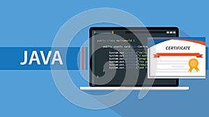 Java programming language certificate with laptop and code script on screen