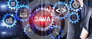 Java programming language and web development concept on virtual screen.