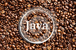 Java. Roasted coffee beans in a paper cup lid against the background of beans