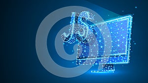 Java Script coding language sign on computer monitor. Device, programming, developing concept. Abstract, digital, wireframe, low