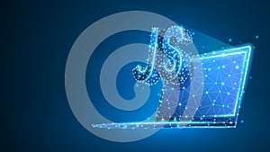 Java Script coding language sign on notebook screen. Device, programming, developing concept. Abstract, digital, wireframe, low