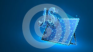 Java Script coding language sign on tablet screen. Device, programming, developing concept. Abstract, digital, wireframe