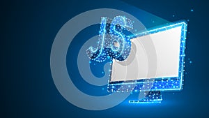 Java Script coding language sign on white computer monitor. Device, programming, developing concept. Abstract, digital, wireframe