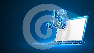 Java Script coding language sign on white notebook screen. Device, programming, developing concept. Abstract, digital, wireframe,