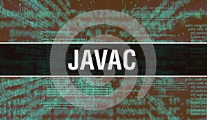 Javac with Digital java code text. Javac and Computer software coding vector concept. Programming coding script java, digital