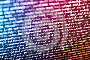 Javascript code in bracket software. Modern tech. Programming source code abstract screen of software developer. Developing