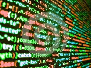 Javascript code in bracket software. Programmer working on computer screen. Modern web development background. Digital cyber