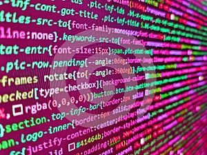 Javascript code in bracket software. Programming code on computer monitor. Program development concept. Concept screen of
