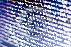 Javascript code. Computer programming source code. Abstract screen of web developer with glowing code.