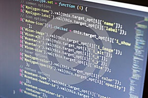 Javascript code. Computer programming source code. Abstract screen of web developer. Digital technology modern background