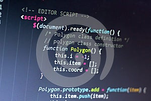 Javascript code. Computer programming source code. Abstract screen of web developer. Digital technology modern background. Shallow