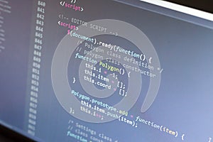 Javascript code. Computer programming source code. Abstract screen of web developer. Digital technology modern background. Shallow