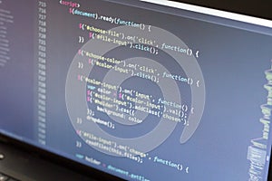 Javascript code. Computer programming source code. Abstract screen of web developer. Digital technology modern background. Shallow