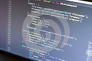 Javascript code. Computer programming source code. Abstract screen of web developer. Digital technology modern background. Shallow