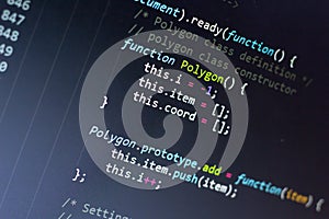 Javascript code. Computer programming source code. Abstract screen of web developer. Digital technology modern background. Shallow