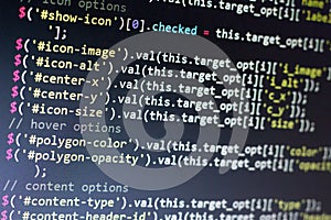 Javascript code. Computer programming source code. Abstract screen of web developer. Digital technology modern background. Shallow
