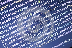 Javascript code. Computer programming source code. Abstract screen of web developer with glowing code.