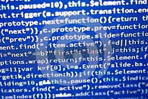 Javascript code. Computer programming source code. Abstract screen of web developer with glowing code.