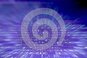 Javascript code. Computer programming source code. Radial blurred abstract screen of web developer. Colorful digital technology mo