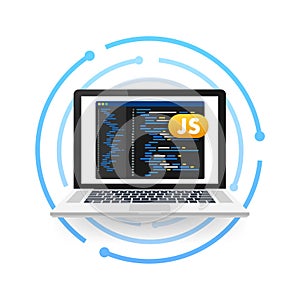 Laptop showing javascript code on screen programming and software development