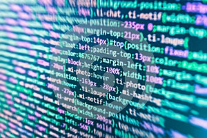 JavaScript code in text editor. Coding cyberspace concept.