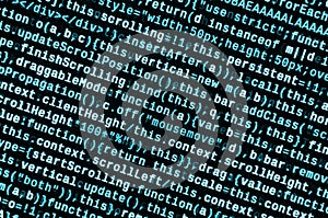 JavaScript code in text editor. Coding cyberspace concept. Screen of web developing code