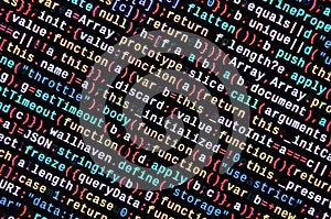 JavaScript code in text editor. Coding cyberspace concept. Screen of web developing code