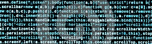 JavaScript code in text editor. Coding cyberspace concept. Screen of web developing code