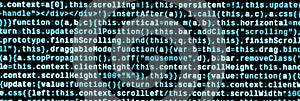 JavaScript code in text editor. Coding cyberspace concept. Screen of web developing code