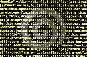 JavaScript code in text editor. Coding cyberspace concept. Screen of web developing code
