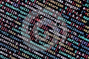 JavaScript code in text editor. Coding cyberspace concept. Screen of web developing code