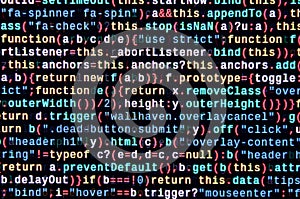 JavaScript code in text editor. Coding cyberspace concept. Screen of web developing code