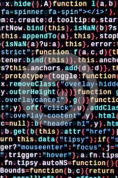 JavaScript code in text editor. Coding cyberspace concept. Screen of web developing code