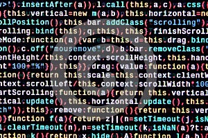 JavaScript code in text editor. Coding cyberspace concept. Screen of web developing code