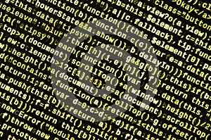 JavaScript code in text editor. Coding cyberspace concept. Screen of web developing code