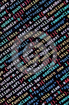 JavaScript code in text editor. Coding cyberspace concept. Screen of web developing code