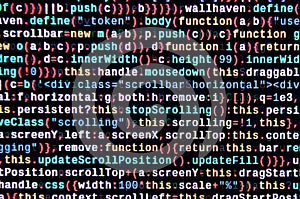JavaScript code in text editor. Coding cyberspace concept. Screen of web developing code