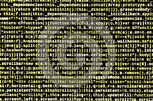 JavaScript code in text editor. Coding cyberspace concept. Screen of web developing code