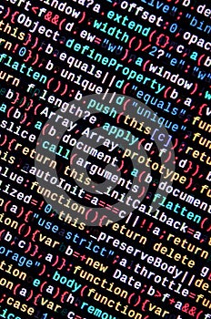 JavaScript code in text editor. Coding cyberspace concept. Screen of web developing code