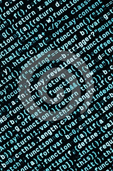 JavaScript code in text editor. Coding cyberspace concept. Screen of web developing code