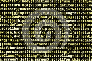 JavaScript code in text editor. Coding cyberspace concept. Screen of web developing code