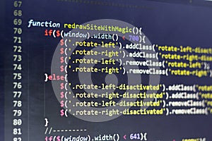 Javascript front-end code. Computer programming source code. Abstract screen of web developer.