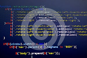 Javascript front-end code. Computer programming source code. Abstract screen of web developer.