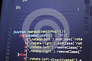 Javascript front-end code. Computer programming source code. Abstract screen of web developer.