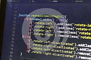 Javascript front-end code. Computer programming source code. Abstract screen of web developer.