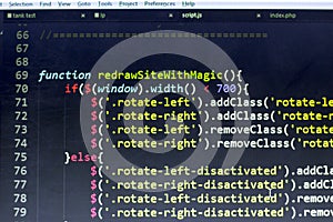 Javascript front-end code. Computer programming source code. Abstract screen of web developer.